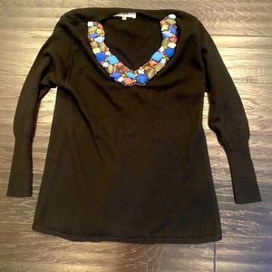 Tibi Black Sweater w/ Gemstone & Bead Neckline - Sz XS